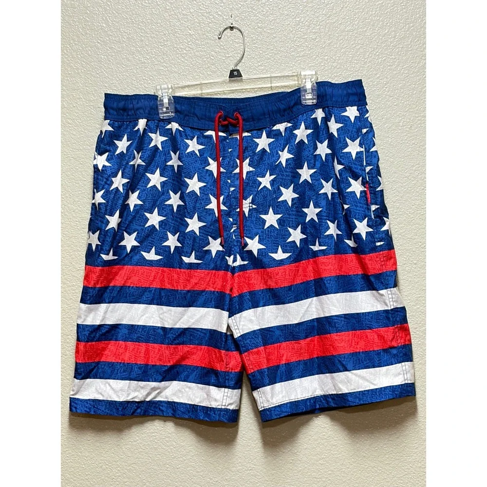 Mens American Flag Swim Trunks Stars and Stripes Patriotic Board Shorts Blue Red